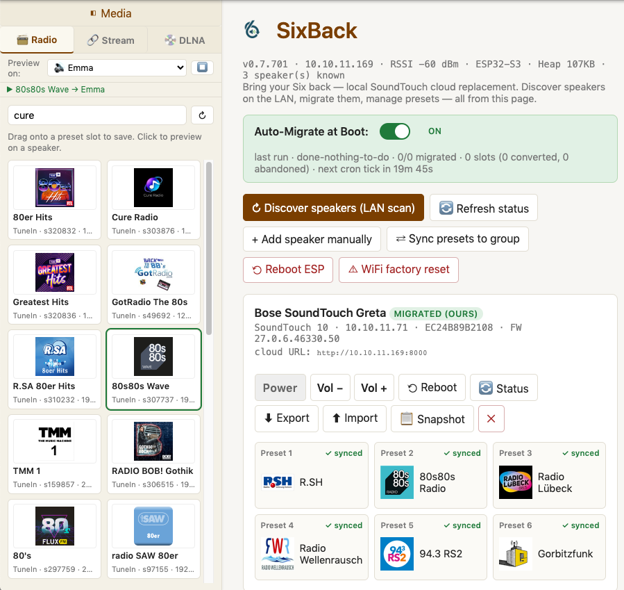 SixBack Web UI — TuneIn search sidebar + per-speaker preset slots
